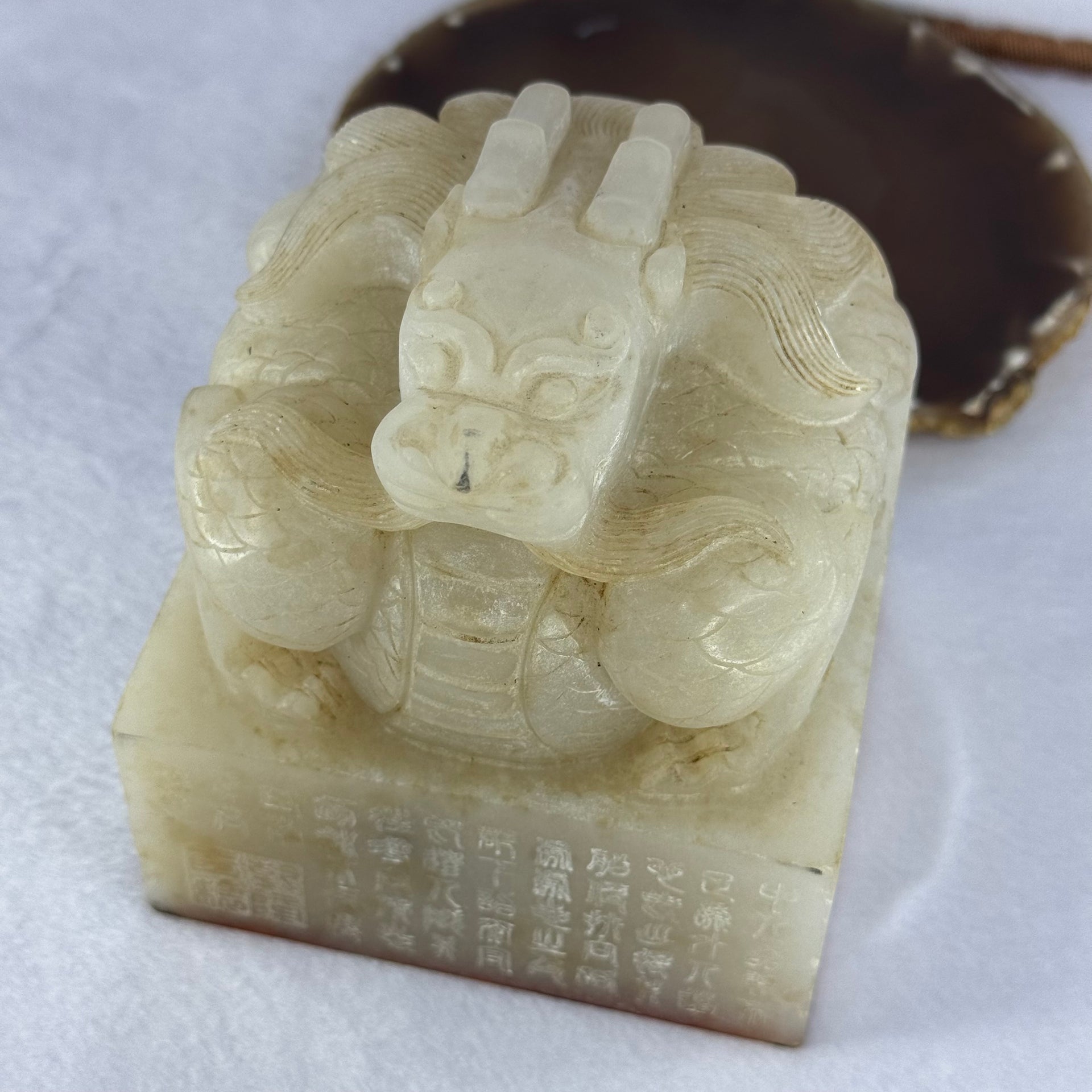 Antique Highly Translucent Near White with Slight Yellow and Grey Nephrite Dragon Seal 2,439.8g 103.5 by 103.7 by 118.2g with Old Zitan Box Total 3,202.8g 136.8 by 137.2 by 168.0mm - Huangs Jadeite and Jewelry Pte Ltd