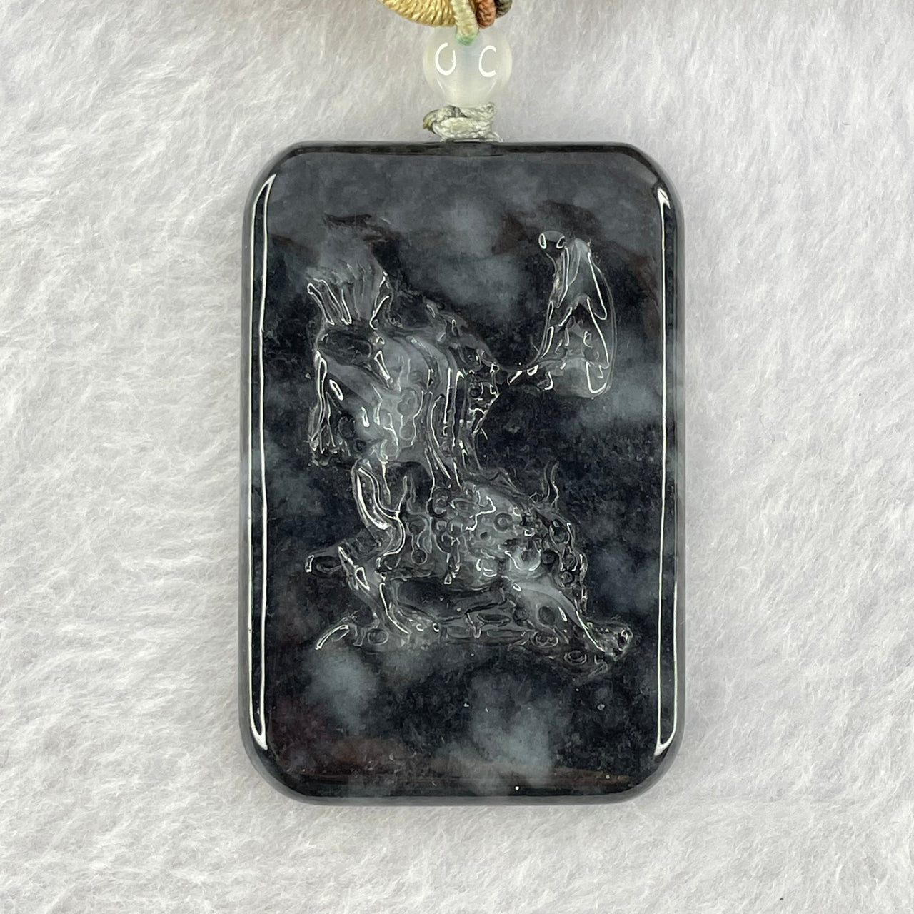 Type A Semi Translucent Wuji Black Grey Jadeite Pixiu Pendent 23.46g 46.8 by 31.6 by 7.1mm