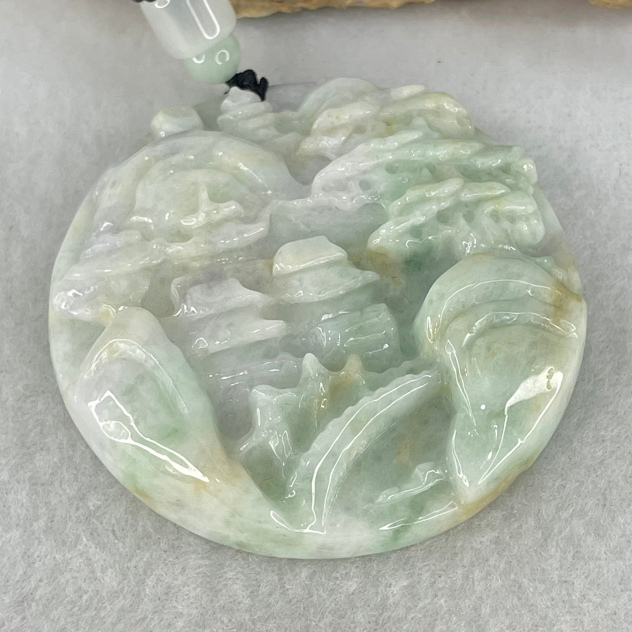 Type A Green Lavender Yellow Jadeite Shan Shui with Double Gui Ren Benefactor Pendant 66.85g 53.0 by 12.2mm