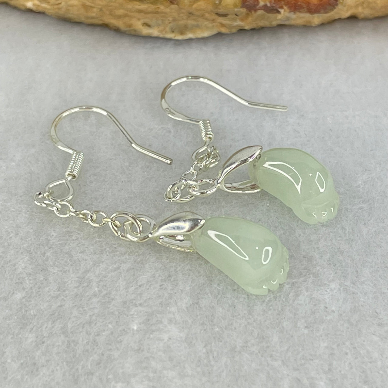 Type A Faint Green Jadeite Foot in S925 Silver Earrings 2.34g 11.5 by 6.9 by 5.6mm