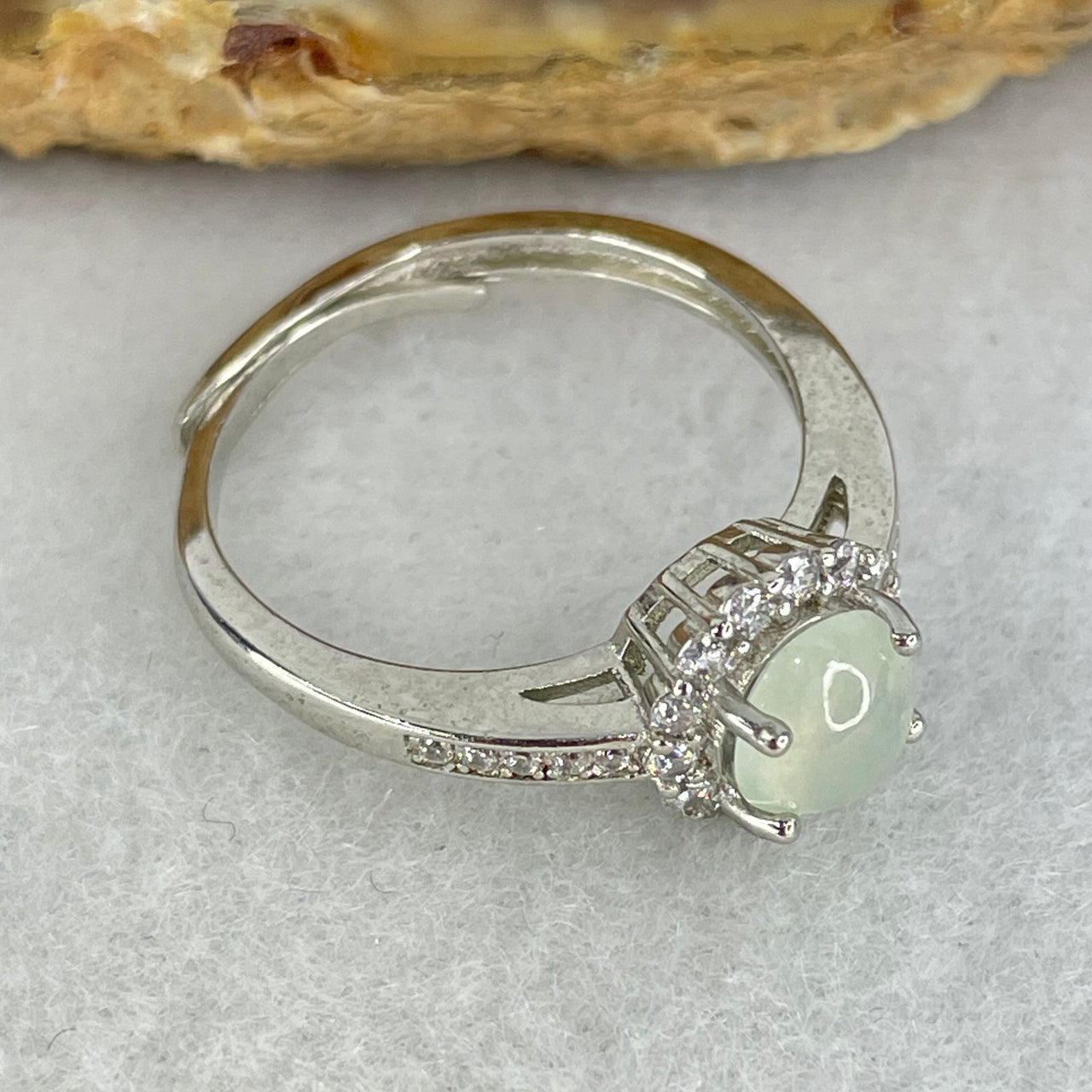 Type A Icy Light Green Cabochon Jadeite in S925 Sliver Ring  (Adjustable Size) 1.89g 6.2 by 3.0mm