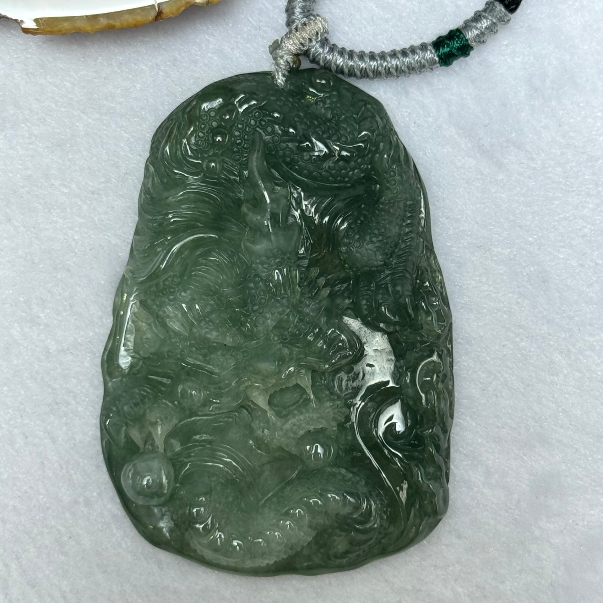 Type A Semi Icy Intense Green Jadeite Dragon Pendent 57.55g 63.1 by 44.4 by 11.3mm - Huangs Jadeite and Jewelry Pte Ltd