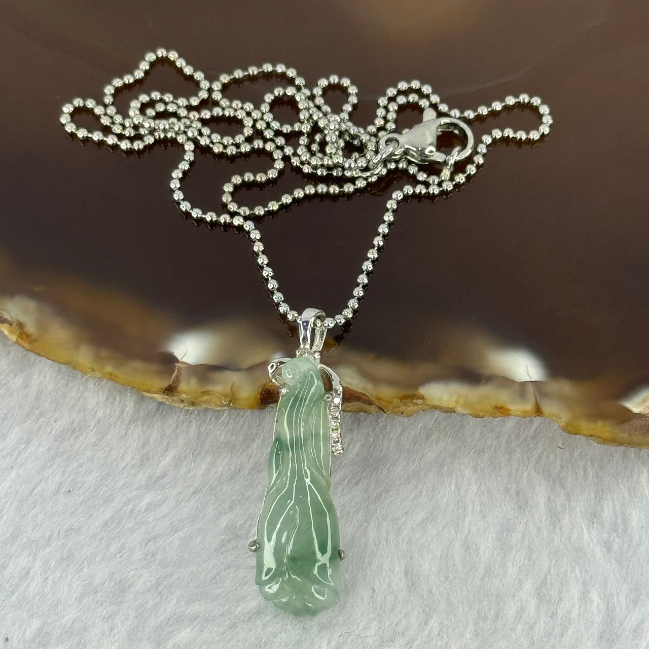 Type A Icy Green Piao Hua Jadeite Fertility Flower Pendent in S925 Sliver Necklace 4.26g 24.7 by 8.3 by 4.5mm