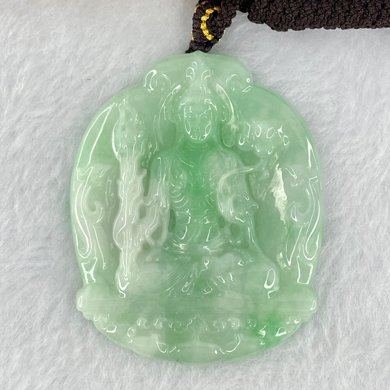 Type A Light Green with Apple Green Jadeite Guan Yin Bodhisattva Pendant 25.90g 53.3 by 44.5 by 6.2mm