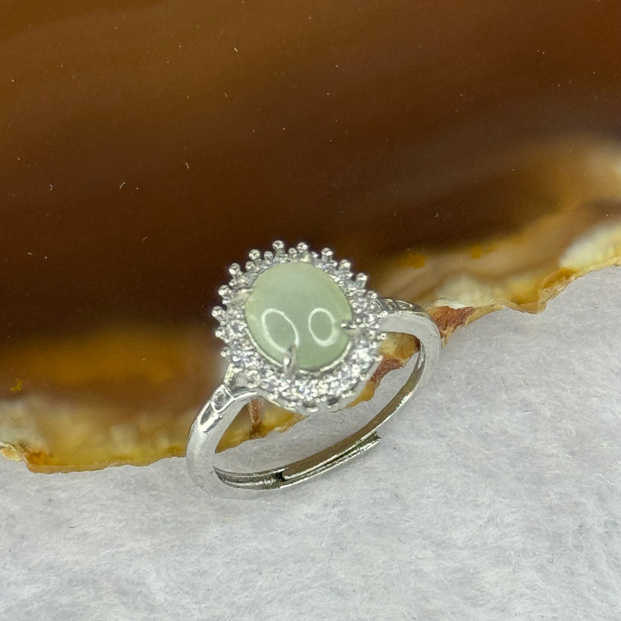 Type A ICY Faint Green Jadeite with Crystals in S925 Sliver Ring (Adjustable Size) 2.40g 8.5 by 7.0 by 4.2mm