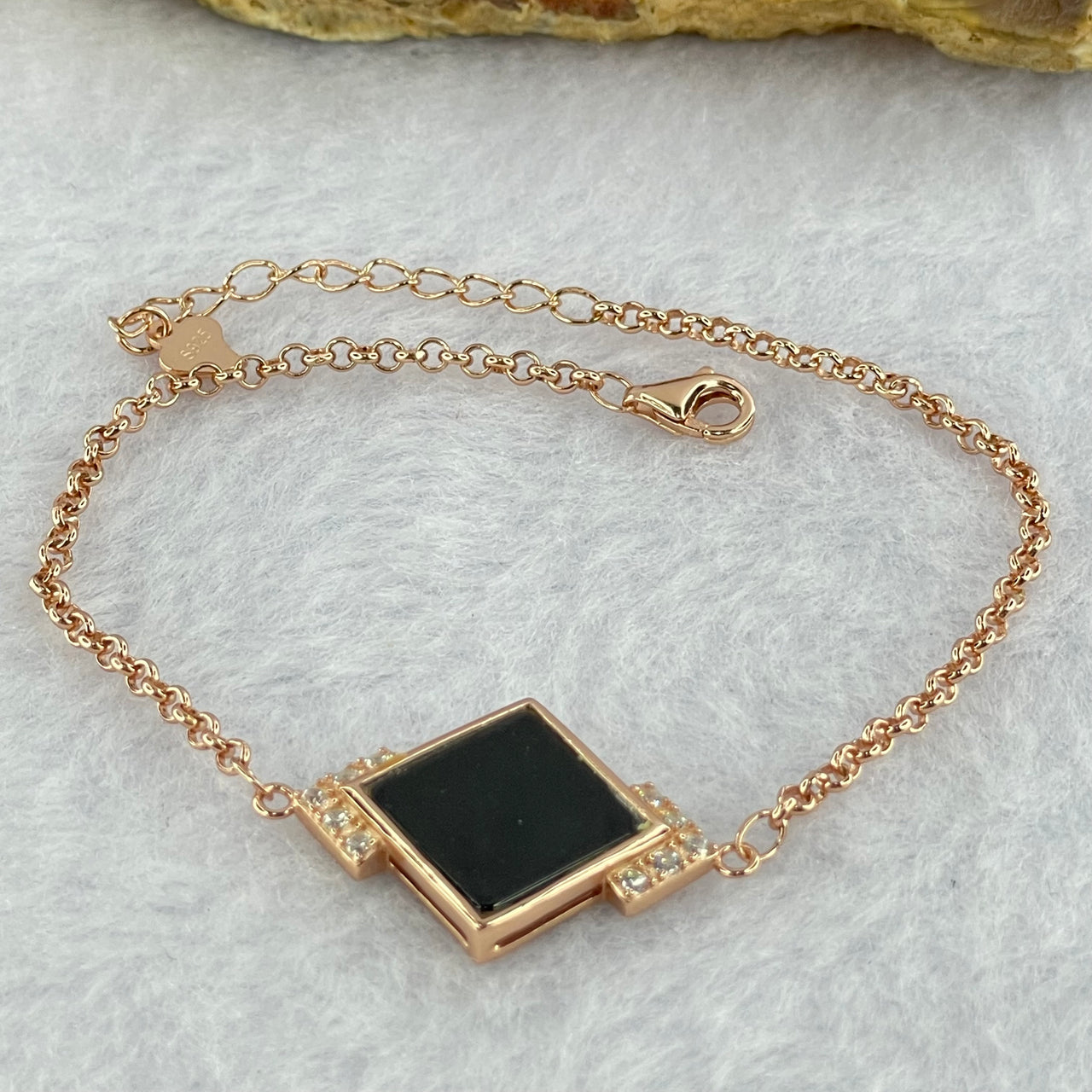 Type A Translucent Black Omphasite Jadeite Square Wu Shi Pai with Crystals in S925 Sliver Rose Gold Color Bracelet 3.44g 15.2 by 1.2mm