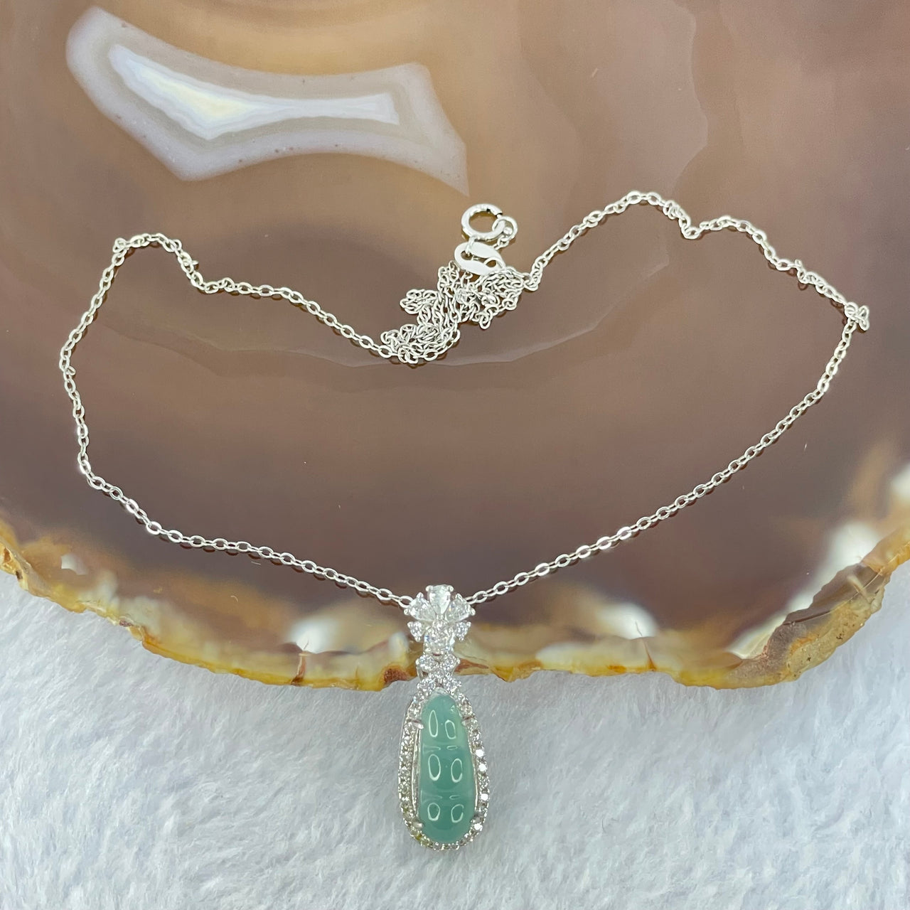 Type A Icy Light Blueish Green Jadeite Pea Pod 15.0 by 5.3mm 4.5mm Pendent with Crystals in S925 Sliver Necklace 2.79g