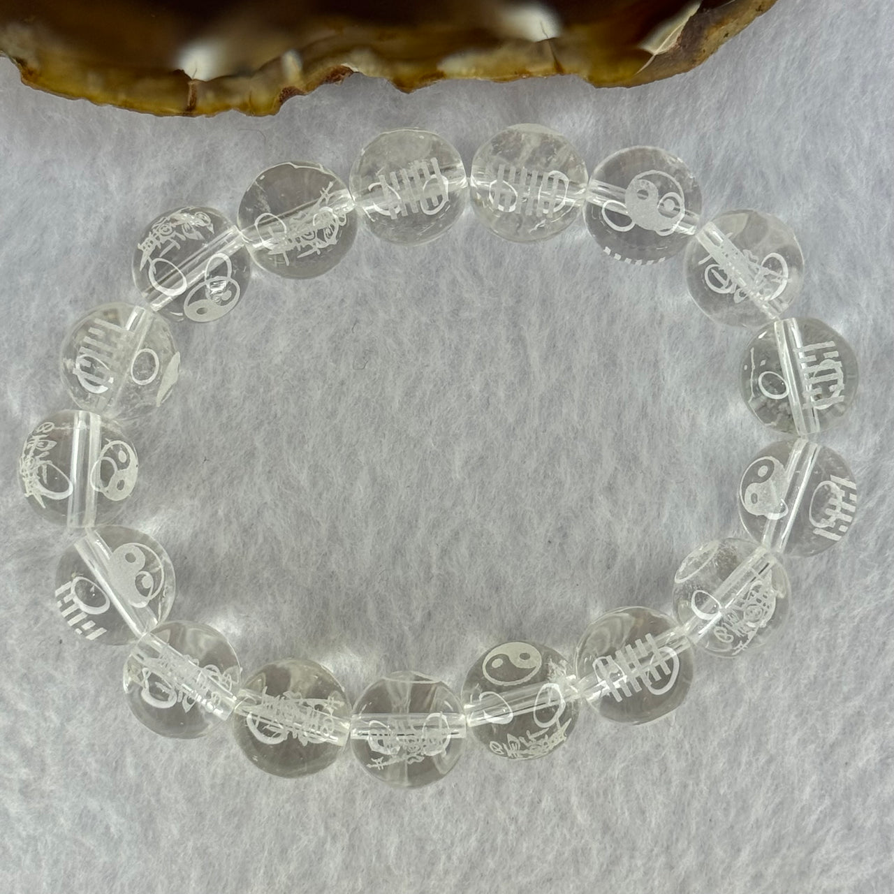 Natural Clear Quartz Beads with Inscription Bracelet 38.35g 17cm 11.9mm 17 Beads