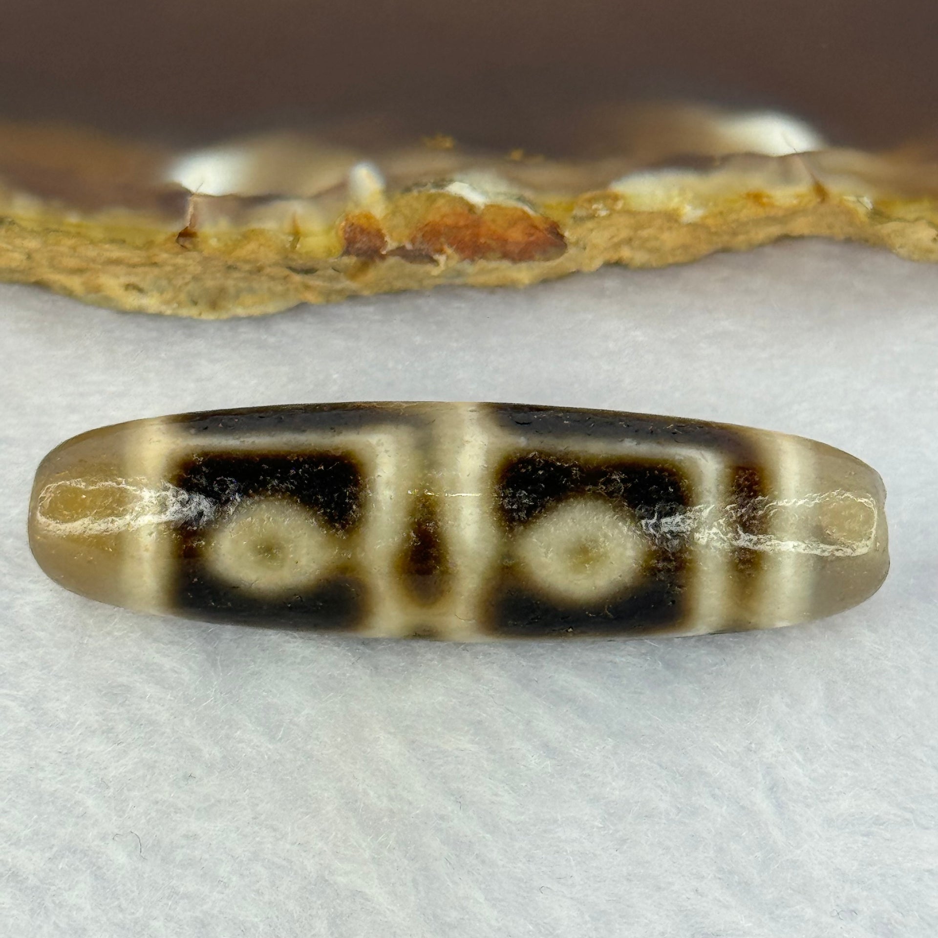 Natural Powerful Tibetan Old Oily Agate 4 Eyes Dzi Bead Heavenly Master (Tian Zhu) 四眼天诛 11.55g 46.1 by 12.8mm - Huangs Jadeite and Jewelry Pte Ltd