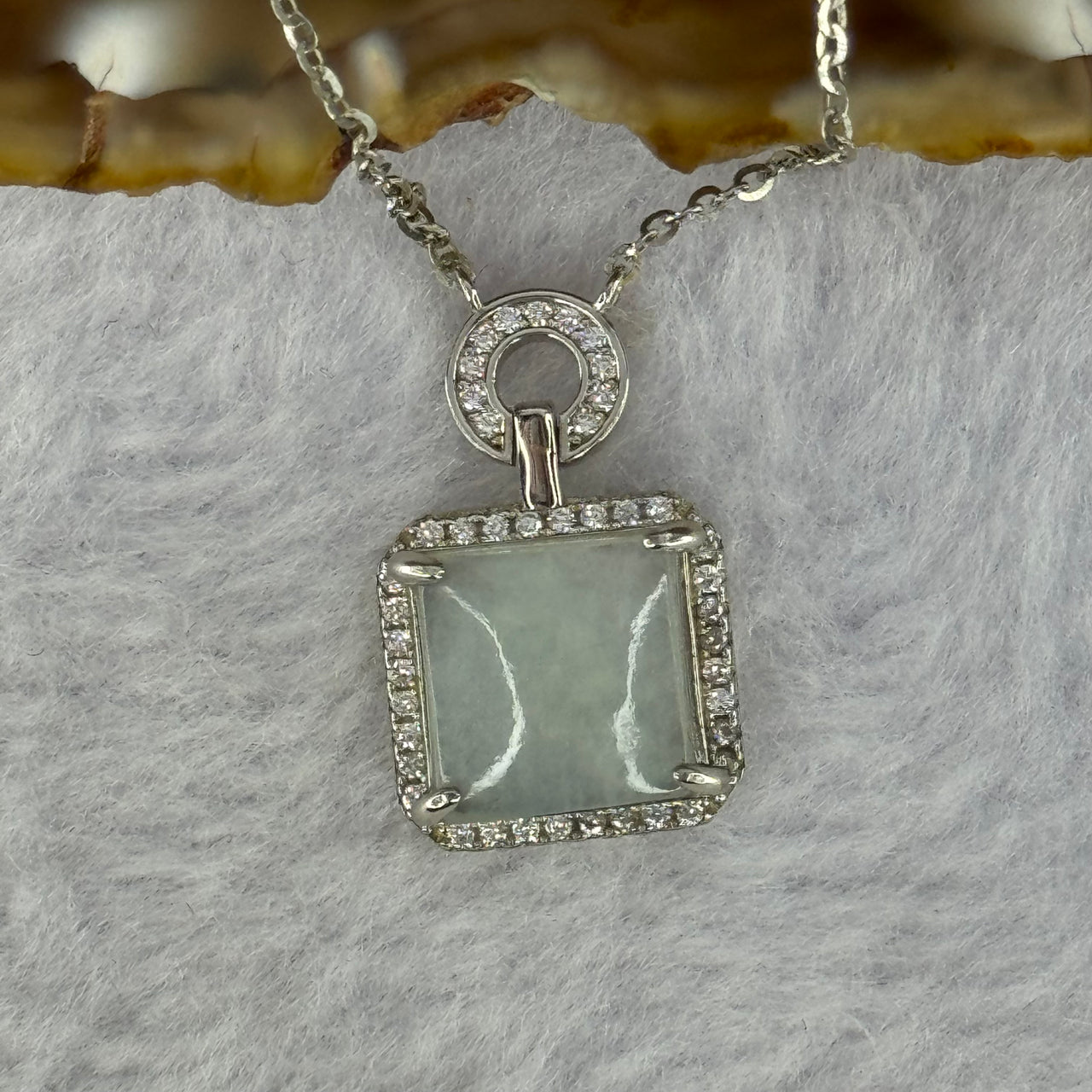 Type A Icy Light Green Jadeite Wu Shi Pai 10.5 by 9.1 by 3.0mm Pendants in S925 Sliver Necklace 3.84g