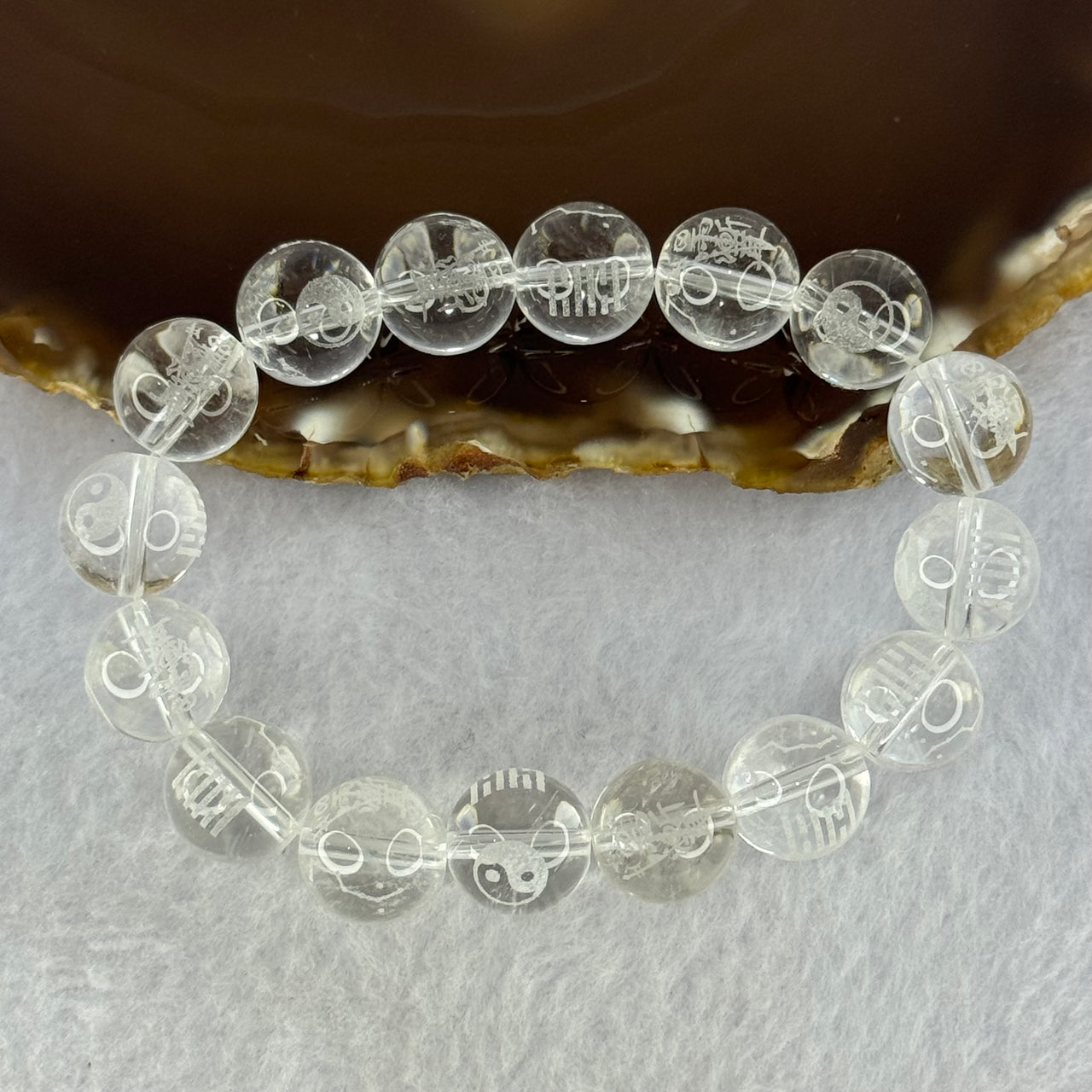 Natural Clear Quartz Beads with Inscription Bracelet 44.68g 17.5mm 12.7mm 16 Beads