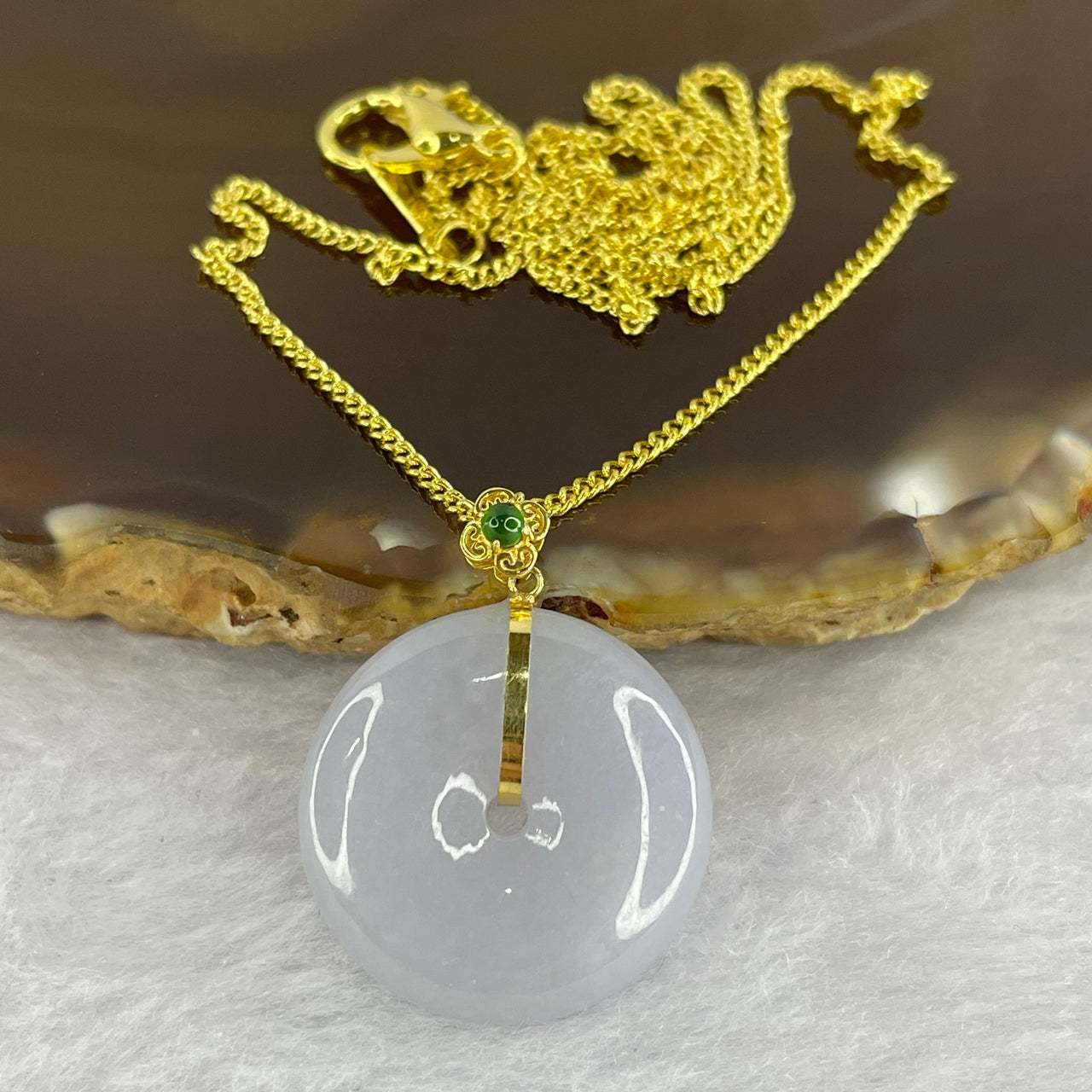 Type A Lavender Jadeite Ping An Kou Donut 平安扣 in 18k Gold Setting 4.57g 23.2 by 19.9 by 5.1mm with 925 Silver Necklace - Huangs Jadeite and Jewelry Pte Ltd