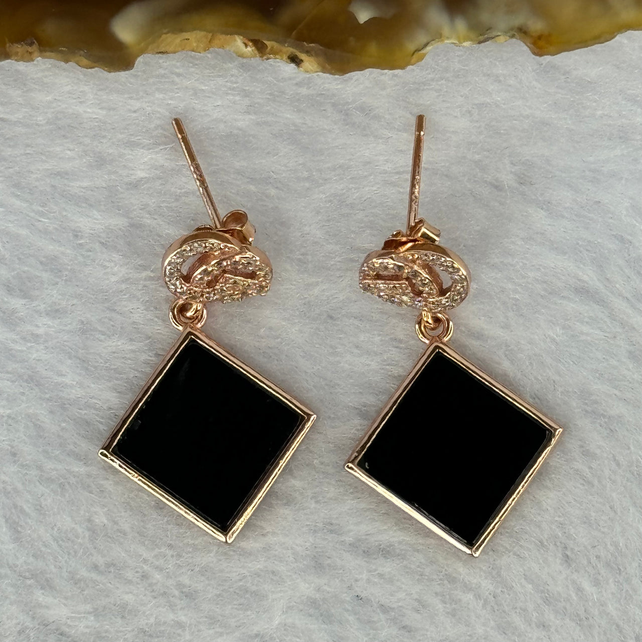 Type A Translucent Black Omphasite Jadeite Square Shaped with Crystals Earrings in S925 Silver Rose Gold Color 3.10g 9.2 by 1.5mm 2pcs