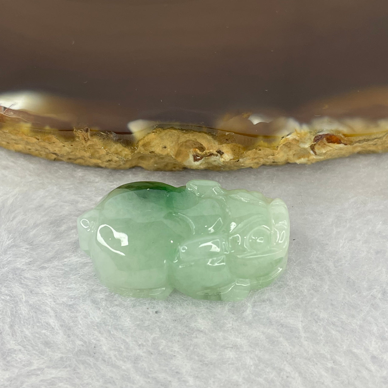 Type A Light Green with Blueish Green Flora Piao Hua Jadeite Pixiu Pendent A货浅绿漂蓝花色翡翠貔貅牌 8.87g 27.4 by 15.3 by 9.7 mm - Huangs Jadeite and Jewelry Pte Ltd