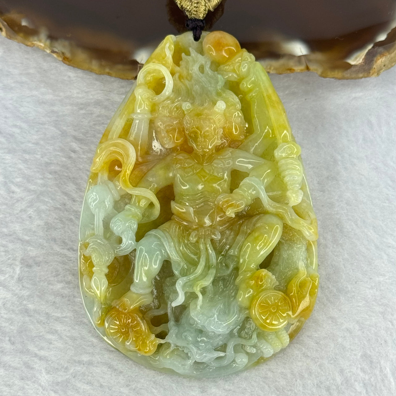 Rare Grand Master Type A 4 Colours Yellow Lavender Green Red Jadeite Neza on Dragon A货大师四彩翡翠哪咋三太子牌 70.66g 71.8 by 48.6 by 11.8mm with Wooden Stand