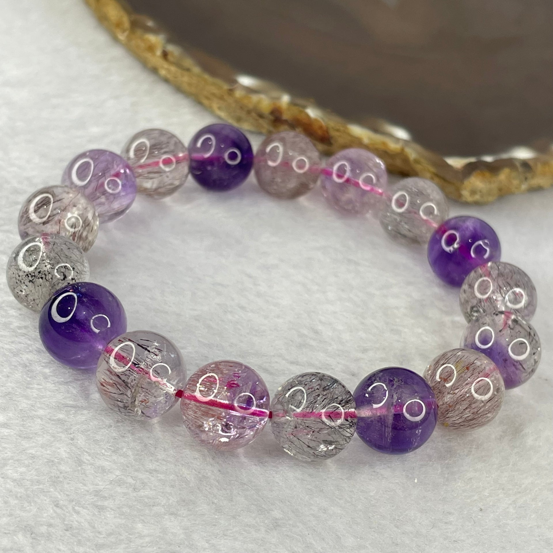 Above Average Grade Natural Super 7 Crystal Beads Bracelet 天然超级七水晶珠手链 54.72g 19.5cm 13.3mm 17 Beads - Huangs Jadeite and Jewelry Pte Ltd