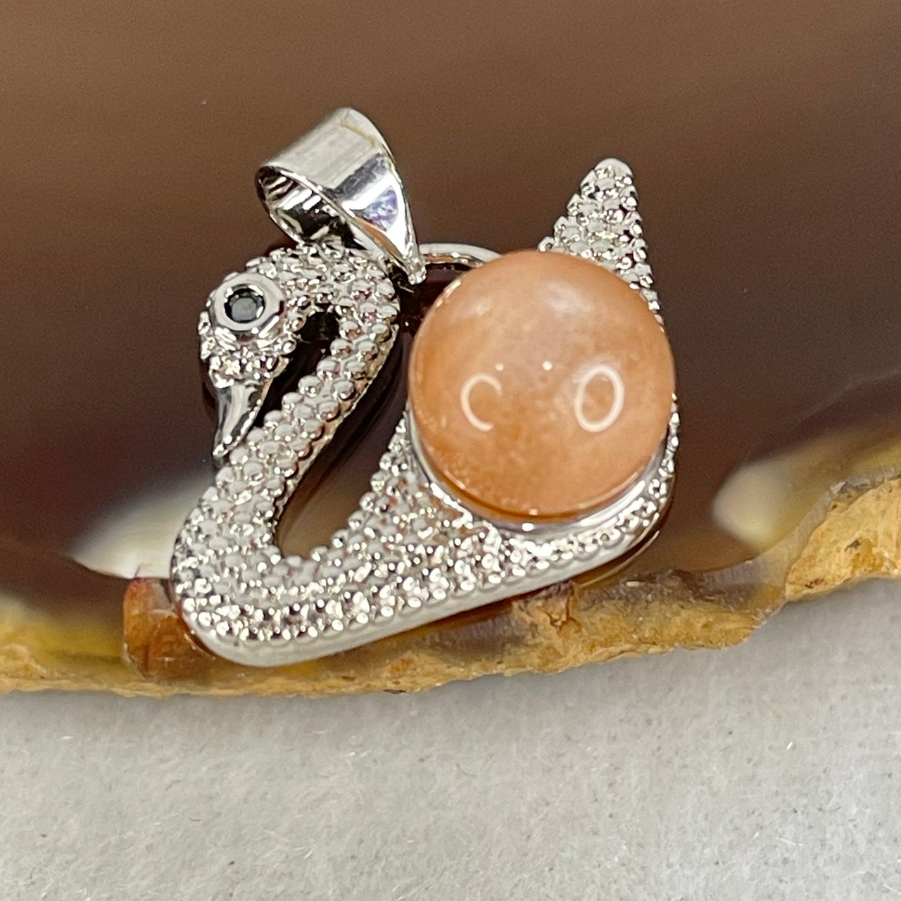 Natural Sunstone Bead with Crystals in S925 Sliver Swan Charm 3.27g 7.8mm