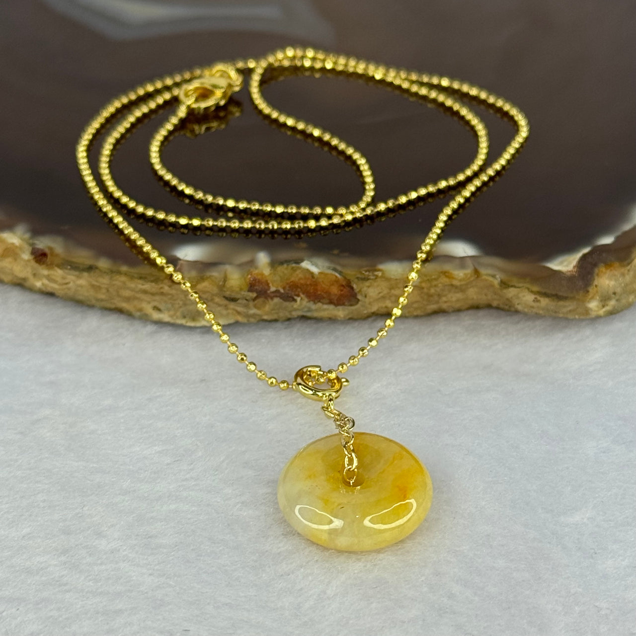 Type A Yellow Jadeite Ping An Kou Donut S925 Silver in Gold Color Necklace 5.56g 17.0 by 6.3mm