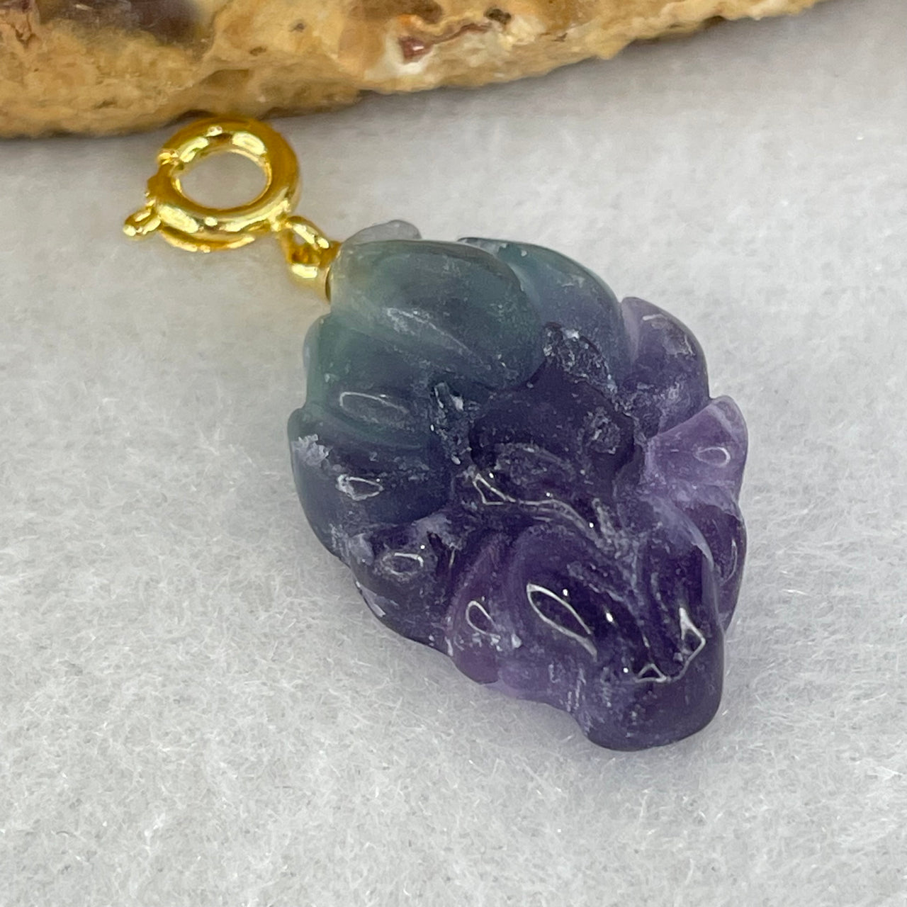 Natural Purple and Green Fluorite 9 Tail Fox Charm Pendant 4.40g 24.0 by 15.6 by 7.3mm