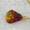 Natural Cognac Amber Milo Buddha in 18K Yellow Gold with S925 Sliver Gold Color Necklace 1.85g 18.2 by 16.8 by 5.5mm