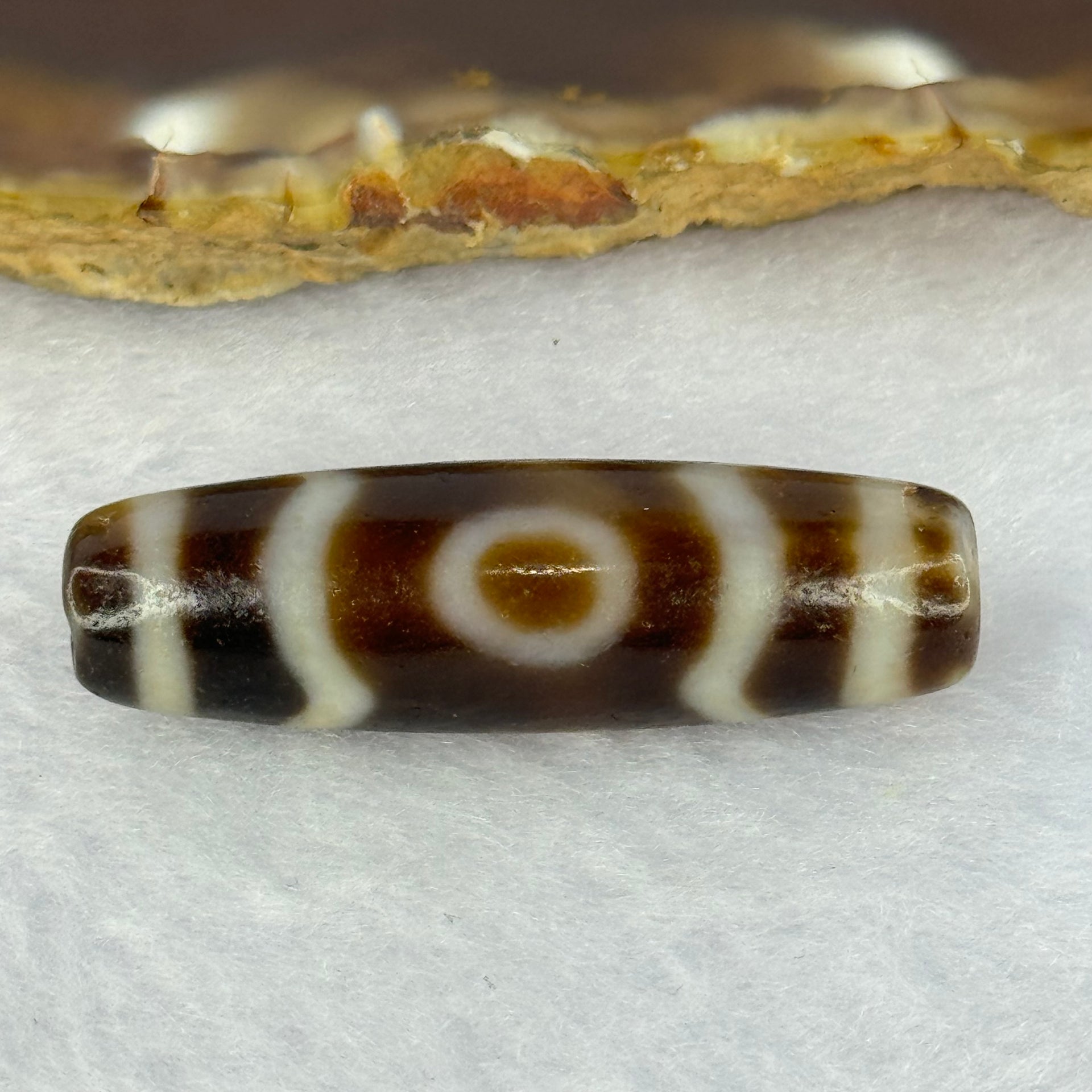 Natural Powerful Tibetan Old Oily Agate 3 Eyes Dzi Bead Heavenly Master (Tian Zhu) 三眼天诛 8.15g 38.7 by 11.8mm - Huangs Jadeite and Jewelry Pte Ltd