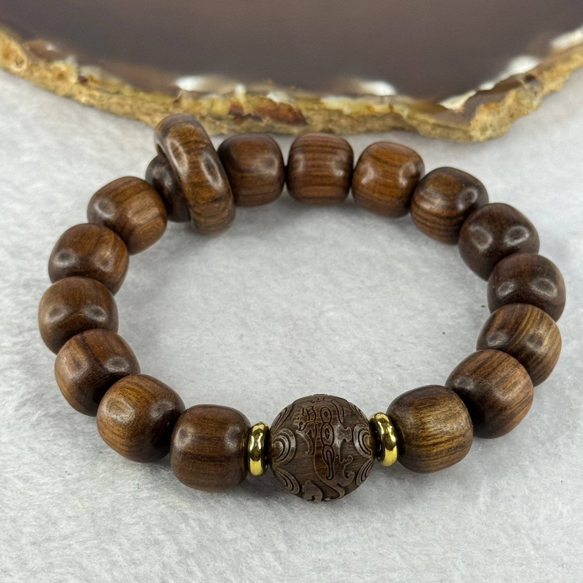 Natural Black Rosewood Beads Bracelet With Ping An Kou Donut and Double Pixiu with Coin Bead 天然黑花梨木手链 19.77g 17.5cm 12.2mm 16 Beads 15.3mm 1pcs - Huangs Jadeite and Jewelry Pte Ltd