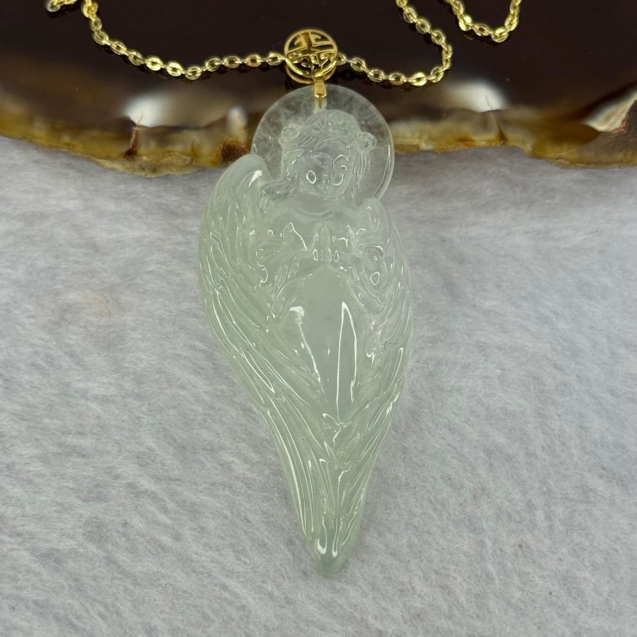 Type A Icy Light Green Jadeite Angel Pendent in 18K Gold Clasp with S925 Sliver Gold Color Necklace 8.90g 47.6 by 20.0 by 5.0mm