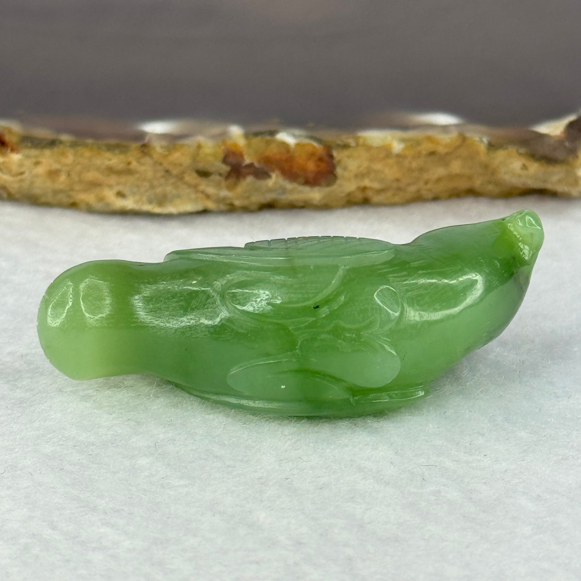 Natural Bright Green Nephrite Bird Display 28.05g 50.9 by 17.8 by 25.6mm - Huangs Jadeite and Jewelry Pte Ltd