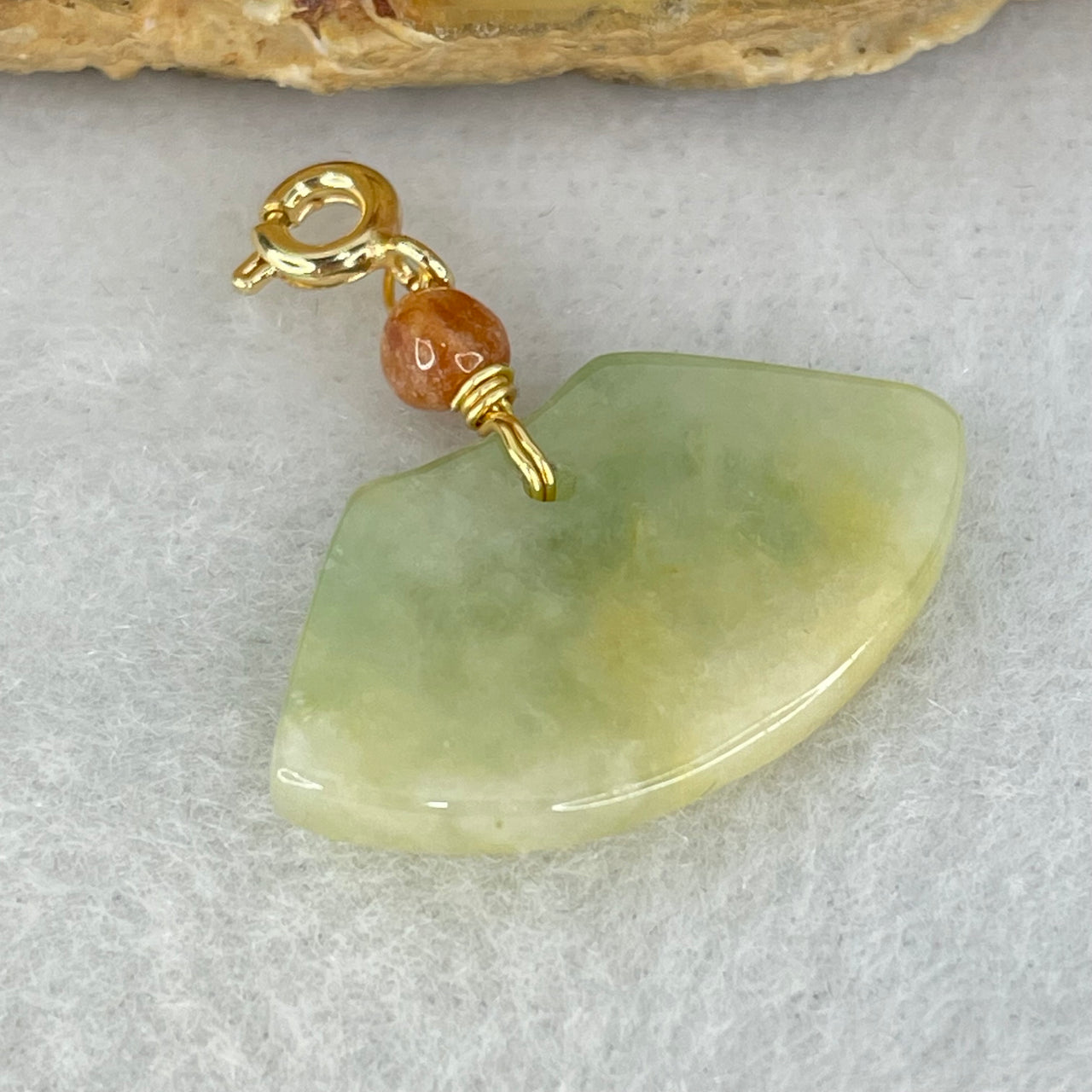 Type A Green with Yellow Patches Jadeite Chinese Fan Charm Pendant 2.63g 25.3 by 14.2 by 2.8mm