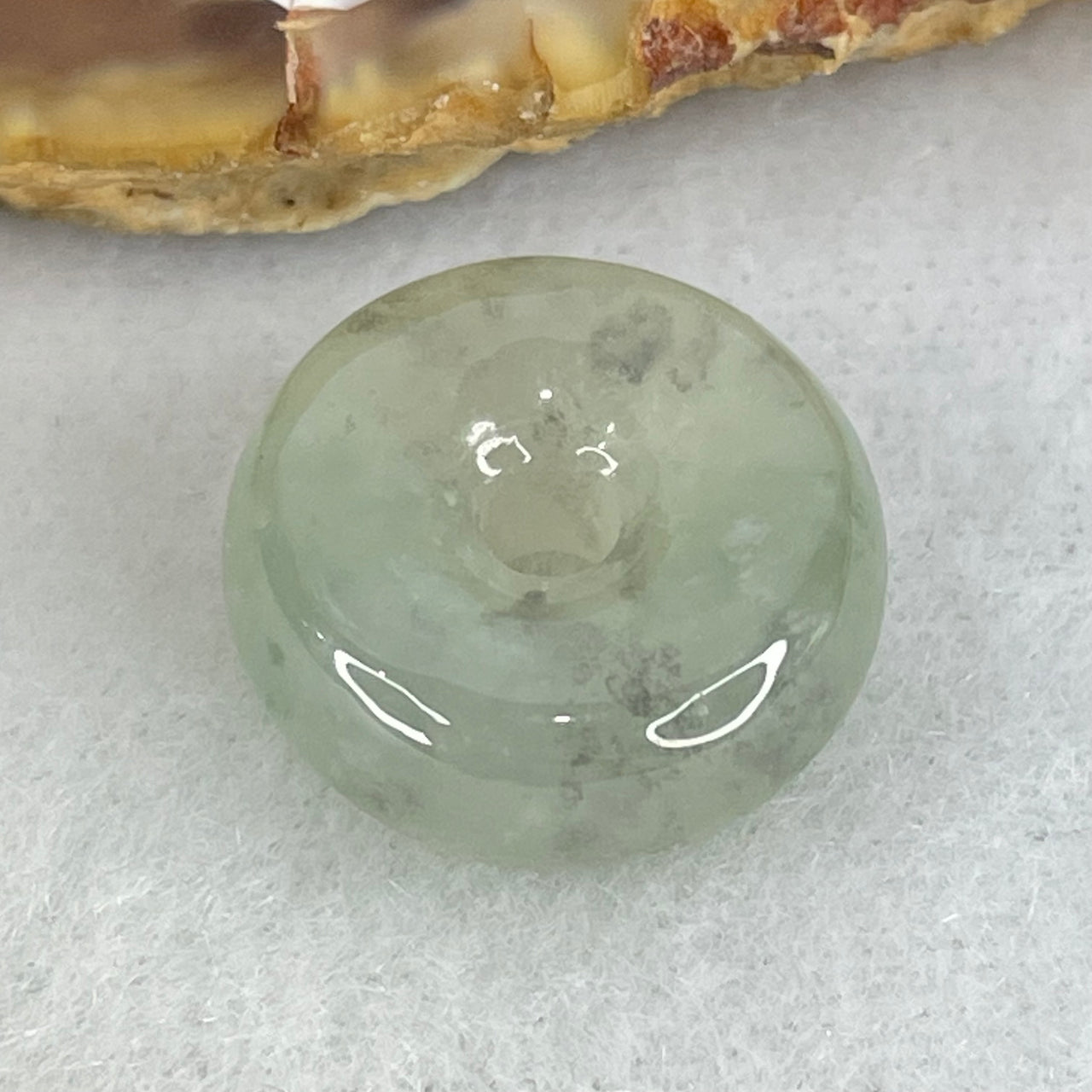 Type A Semi Icy Light Green With Wuji Grey Spots Jadeite Ping An Kou Donut Pendant 3.66g 15.9 by 6.9mm