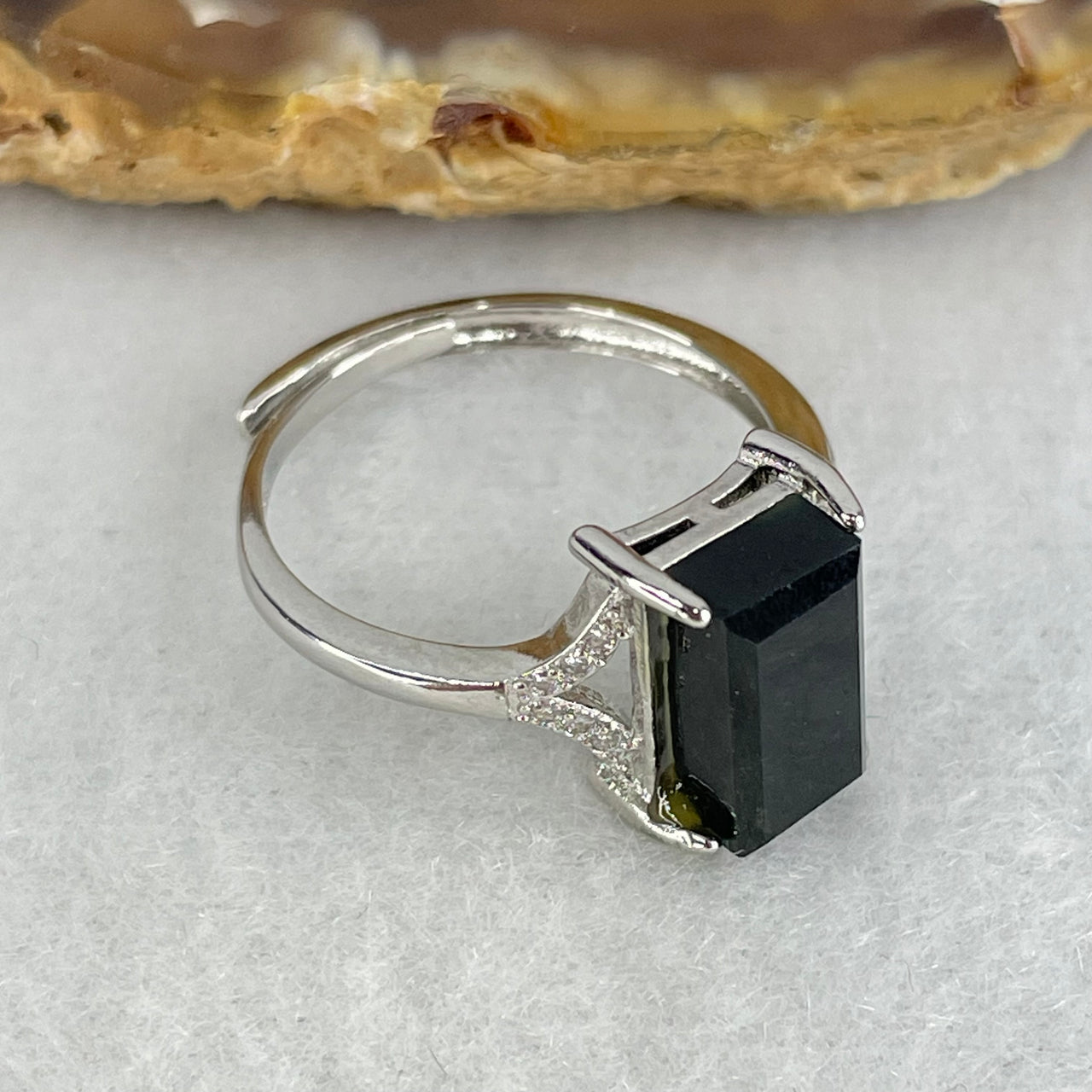 Type A Black Omphasite Jadeite Rectangle in S925 Sliver Ring (Adjustable Size) 1.99g 9.6 by 6.2 by 3.5mm