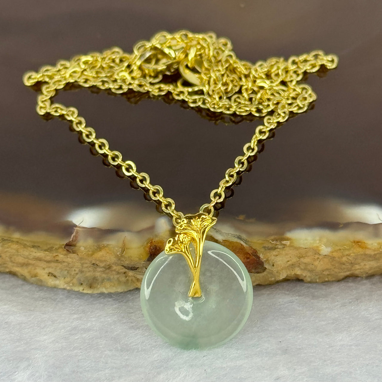 Type A Icy Light Green Jadeite Ping An Kou Donut 18K Yellow Gold Pendant 1.16g 12.8 by 12.8mm In Sliver Gold Color Necklace Total 2.72g