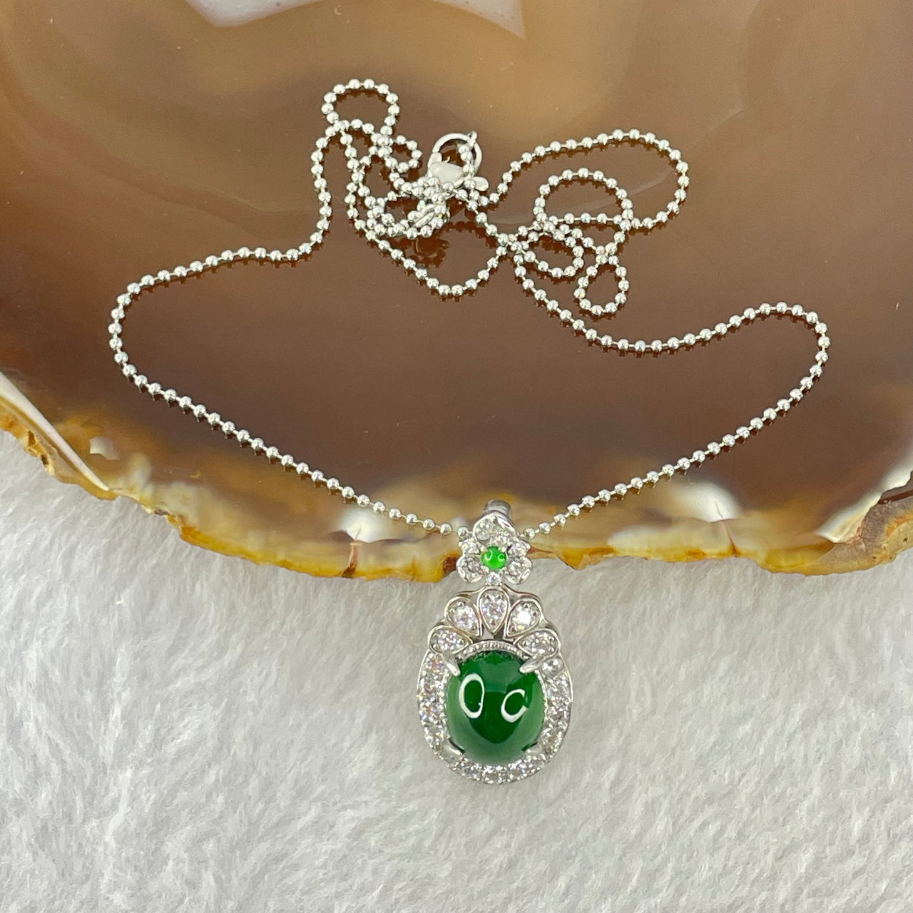 Type A Icy Green Omphasite Jadeite 11.1 by 9.2 by 6.0mm With Crystals in S925 Sliver Necklace 5.28g