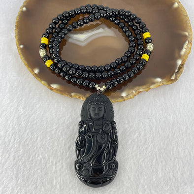 Natural Black Onyx Beads Necklace Black Onyx Guan Yin Pendant 76.95g 70.9 by 33.4 by 12.2mm