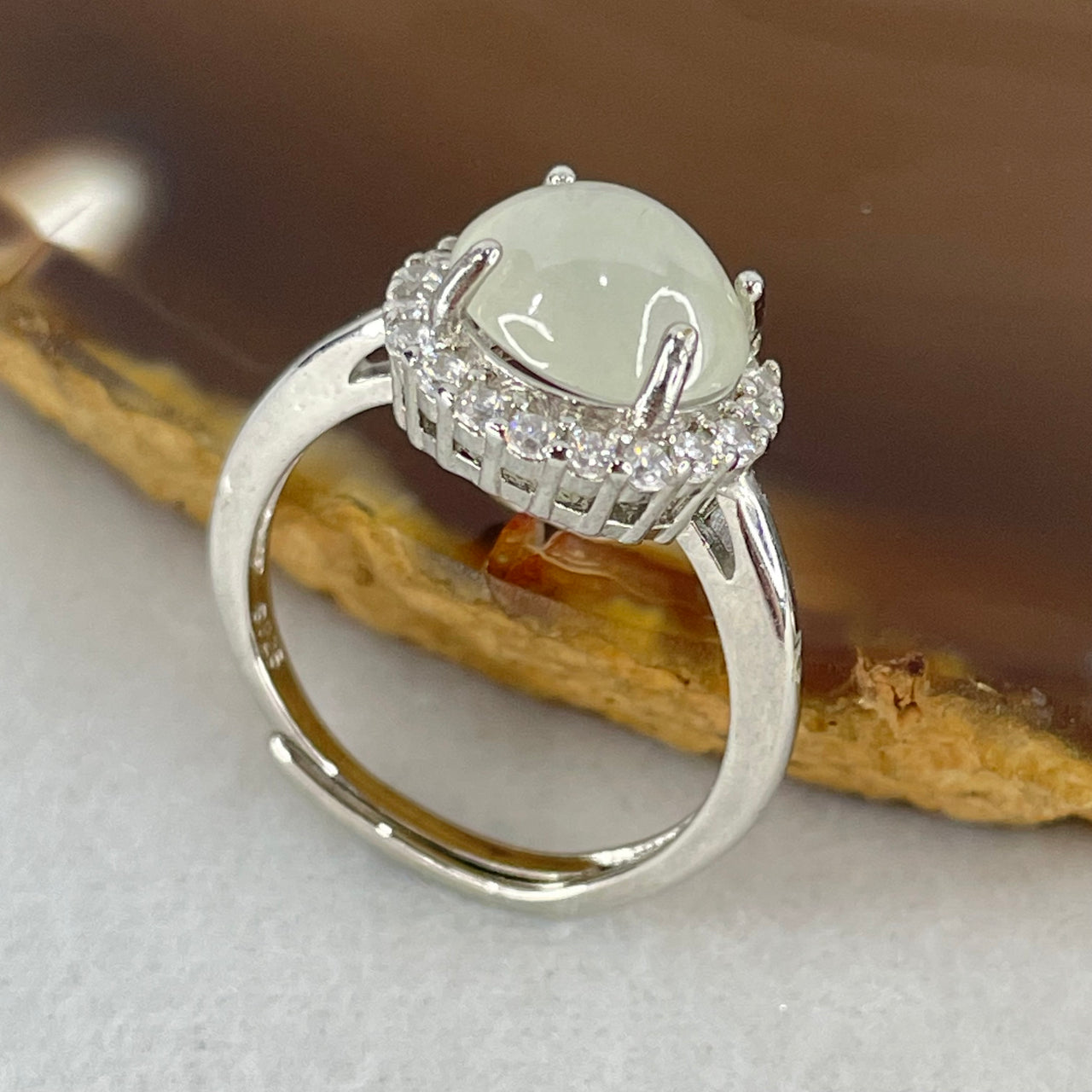 Type A Semi Icy Green Jadeite Cabochon in S925 Sliver Ring (Adjustable Size) 2.60g 8.4 by 8.9 by 5.0mm