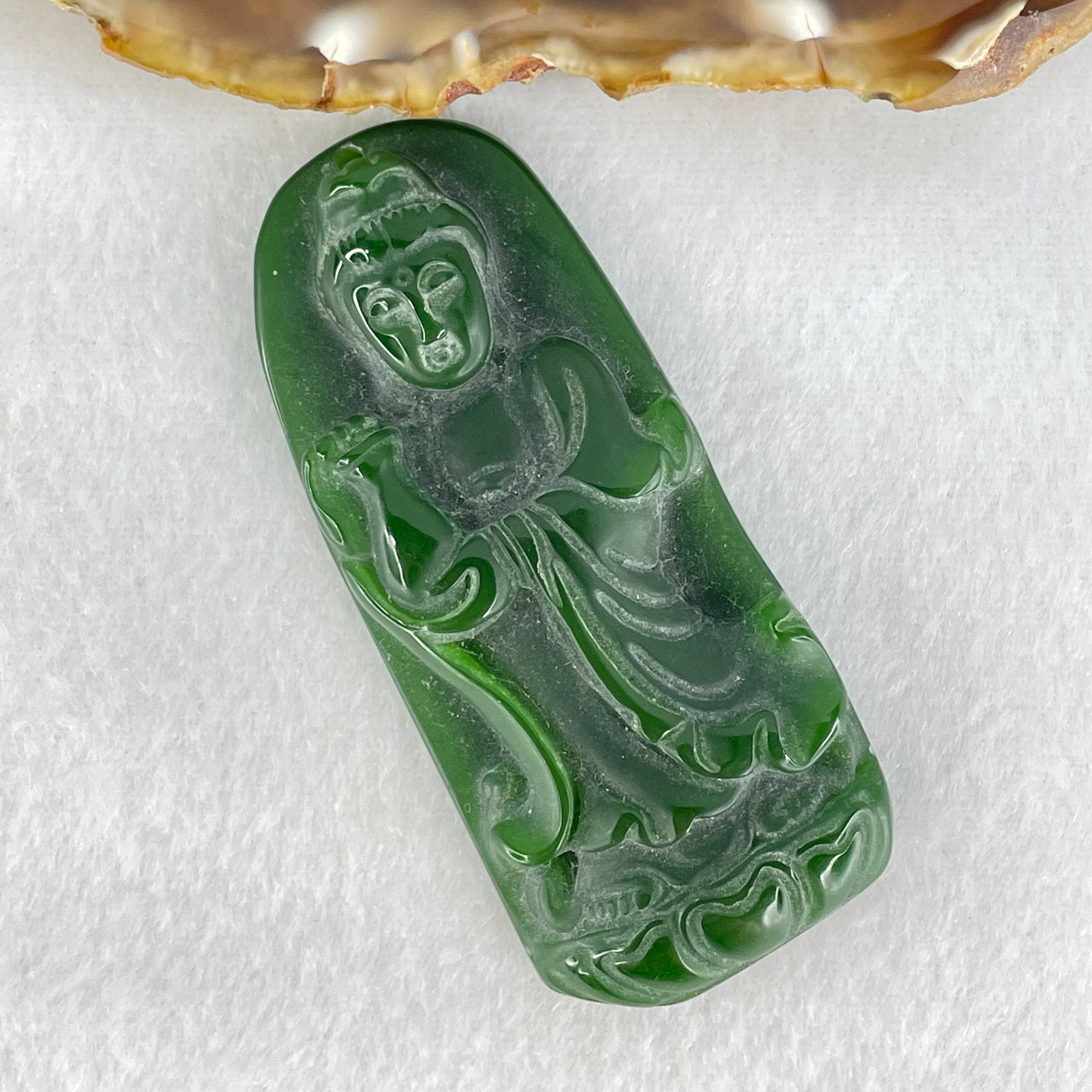 Natural Green Nephrite Guan Yin Pendant 40.95g 67.8 by 30.1 by 12.1mm