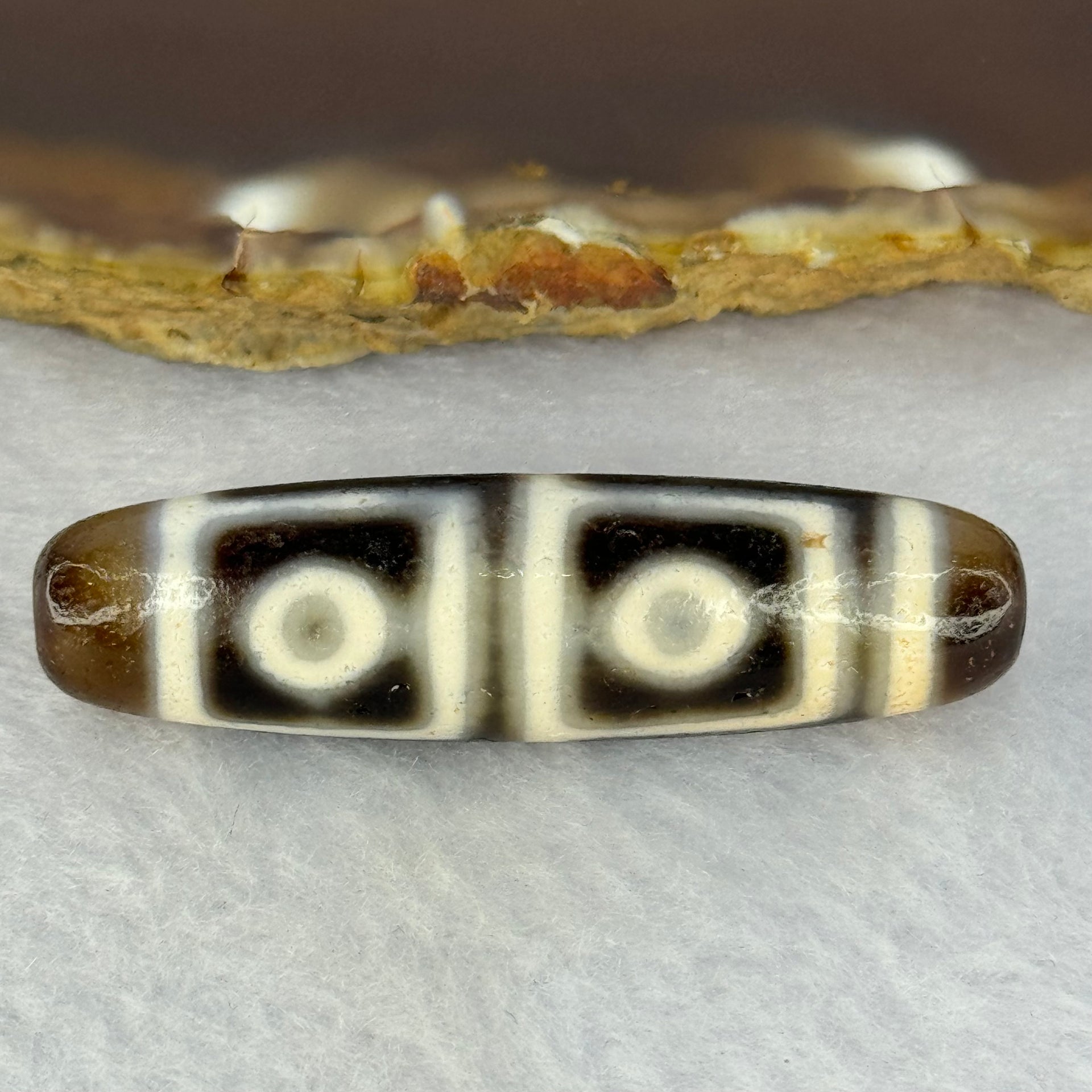 Natural Powerful Tibetan Old Oily Agate 4 Eyes Dzi Bead Heavenly Master (Tian Zhu) 四眼天诛 11.30g 43.3 by 9.6mm - Huangs Jadeite and Jewelry Pte Ltd