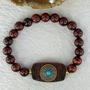 Natural Blood Zitan Beads with Rotating Turquoise Om Mani Padme Hum Powerful Mantra Bracelet 天然血檀木旋转唵嘛呢叭咪吽手链 10.86g 15cm 8.3mm 18 Beads / 30.1 by 17.5 by 6.8mm - Huangs Jadeite and Jewelry Pte Ltd