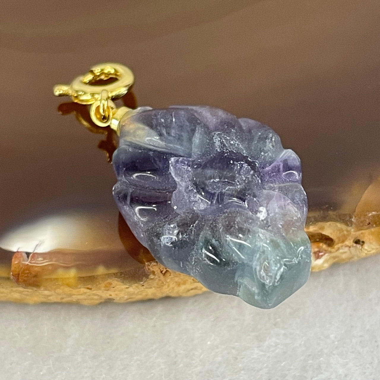 Natural Purple and Green Fluorite 9 Tail Fox Charm Pendant 4.85g 2.30 by 15.8 by 8.2mm