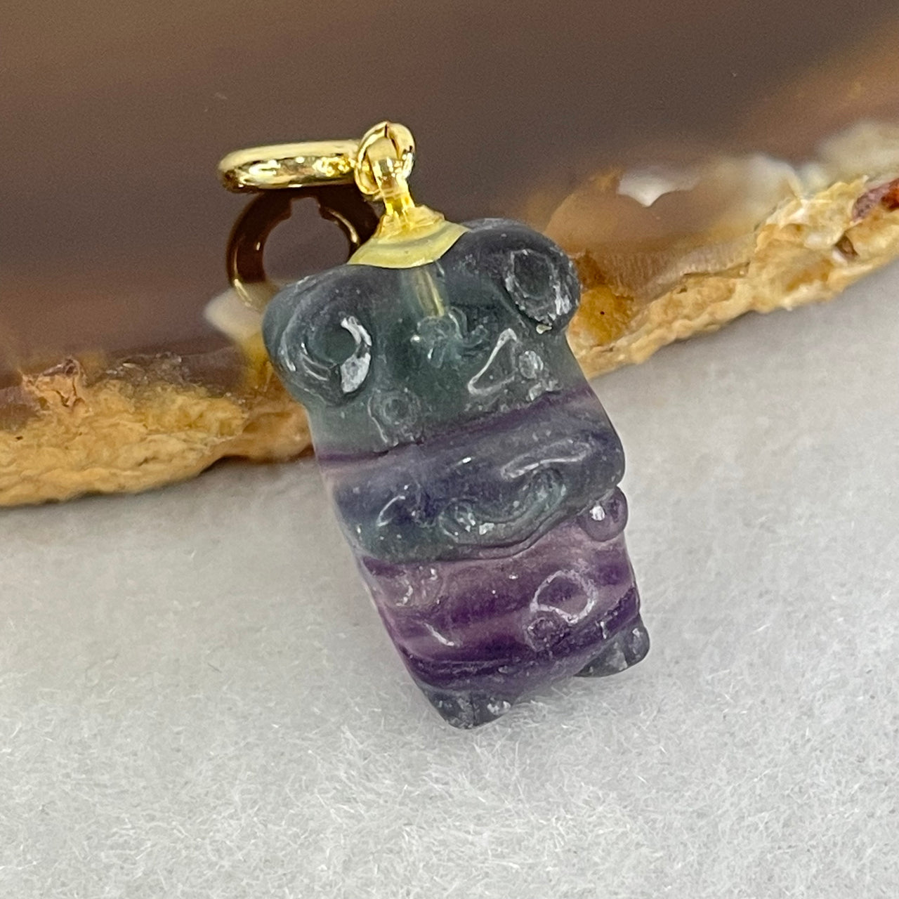 Natural Purple and Green Fluorite Ox Charm Pendant 3.36g 18.3 by 11.2 by 8.1mm