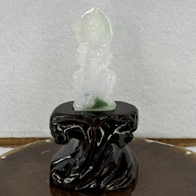 Type A Light Lavender with Green Patches Jadeite Guan Yin Pendent with Wooden Stand 111.55g  111.8 by 58.7 by 46.6mm