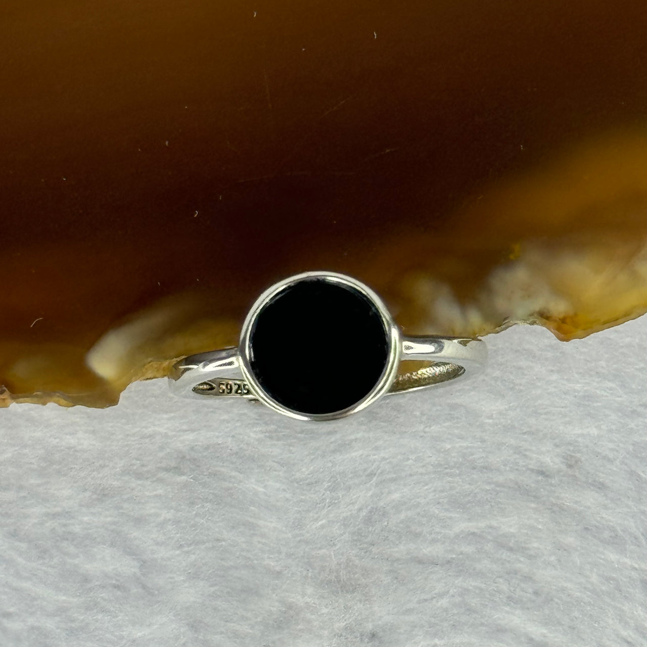 Type A Translucent Black Omphasite Jadeite Round Shape in S925 Sliver Ring (Adjustable Size) 1.51g 8.0 by 2.0mm