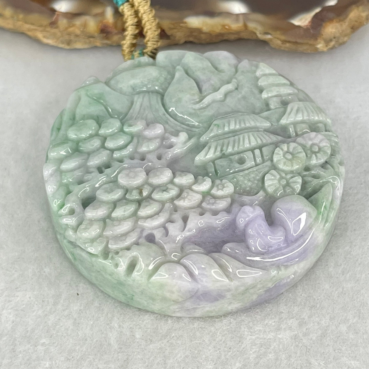 Type A Light Green Lavender Jadeite Double Sided Shan Shui Pendant 77.93g 50.2 by 14.5mm