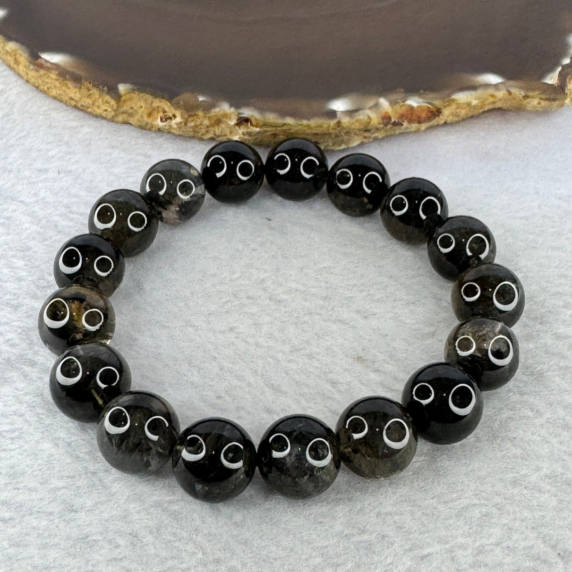 Natural Black Auralite Crystal Bracelet 黑激光手链 42.42g 12.4 mm 17 Beads - Huangs Jadeite and Jewelry Pte Ltd