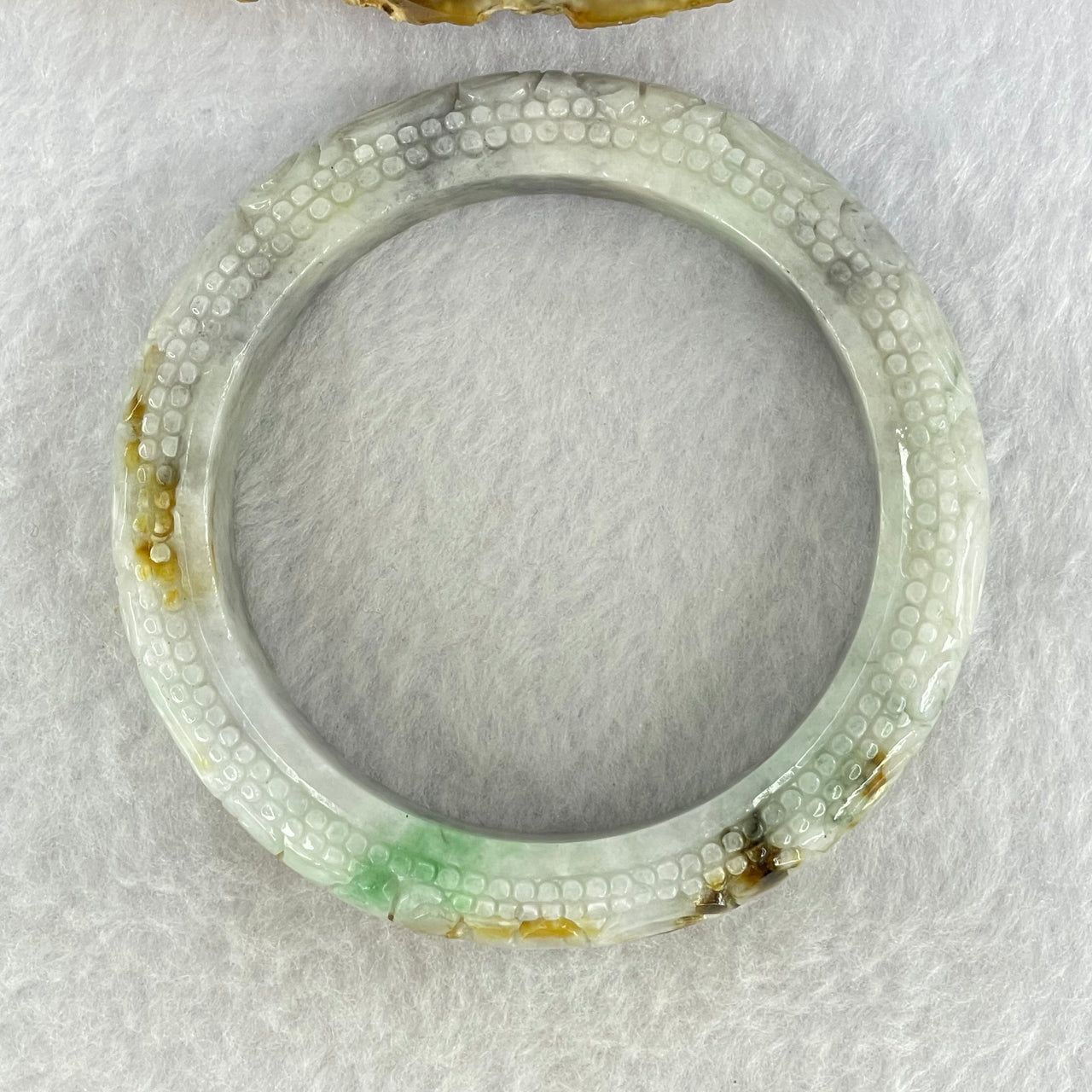 Type A Green Lavender with Brown Yellow Patches Jadeite Carved Ruyi Bangle Internal Diameter 56.3mm 76.21g 13.8 by 10.5mm (Internal Lines)