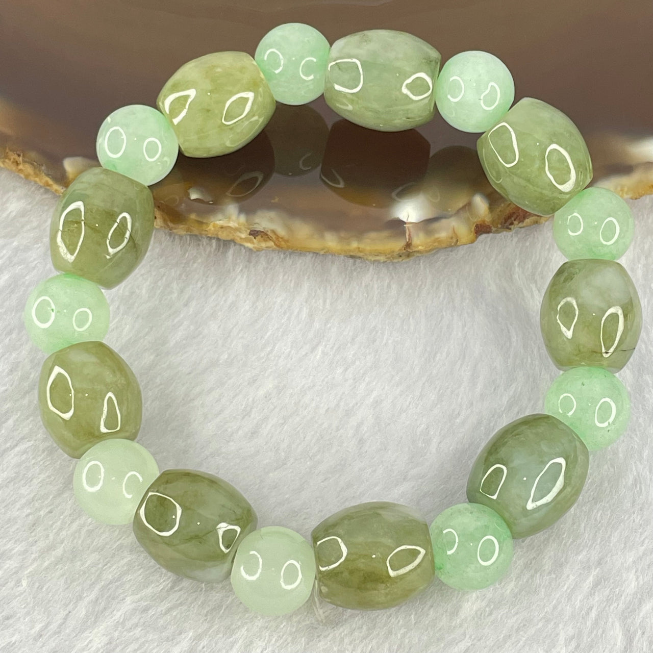 Type A Green Jadeite Lulu Tong with White Crystal Bracelet 42.52g 12.3 by 13.4mm 9 Beads