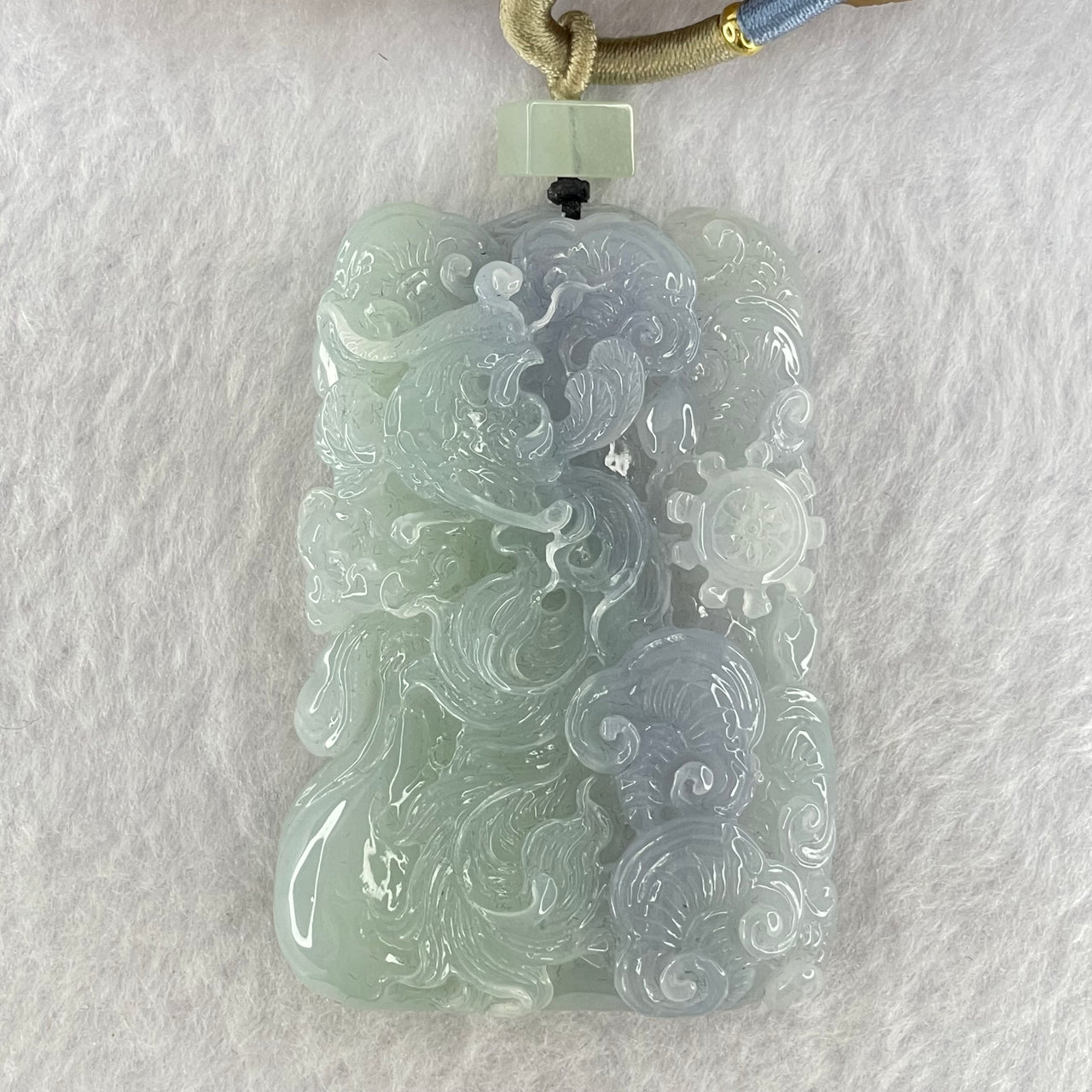 Type A Light Green and Bright Lavender Jadeite Phoenix Ruyi Wheel Pendent 80.00g 62.9 by 44.5 by 13.5mm