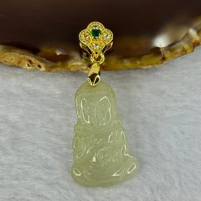 Type A Light Yellowish Green Jadeite Buddha Pendent in S925 Sliver Gold Color Claps 3.91g 27.1 by 17.1 by 3.8mm