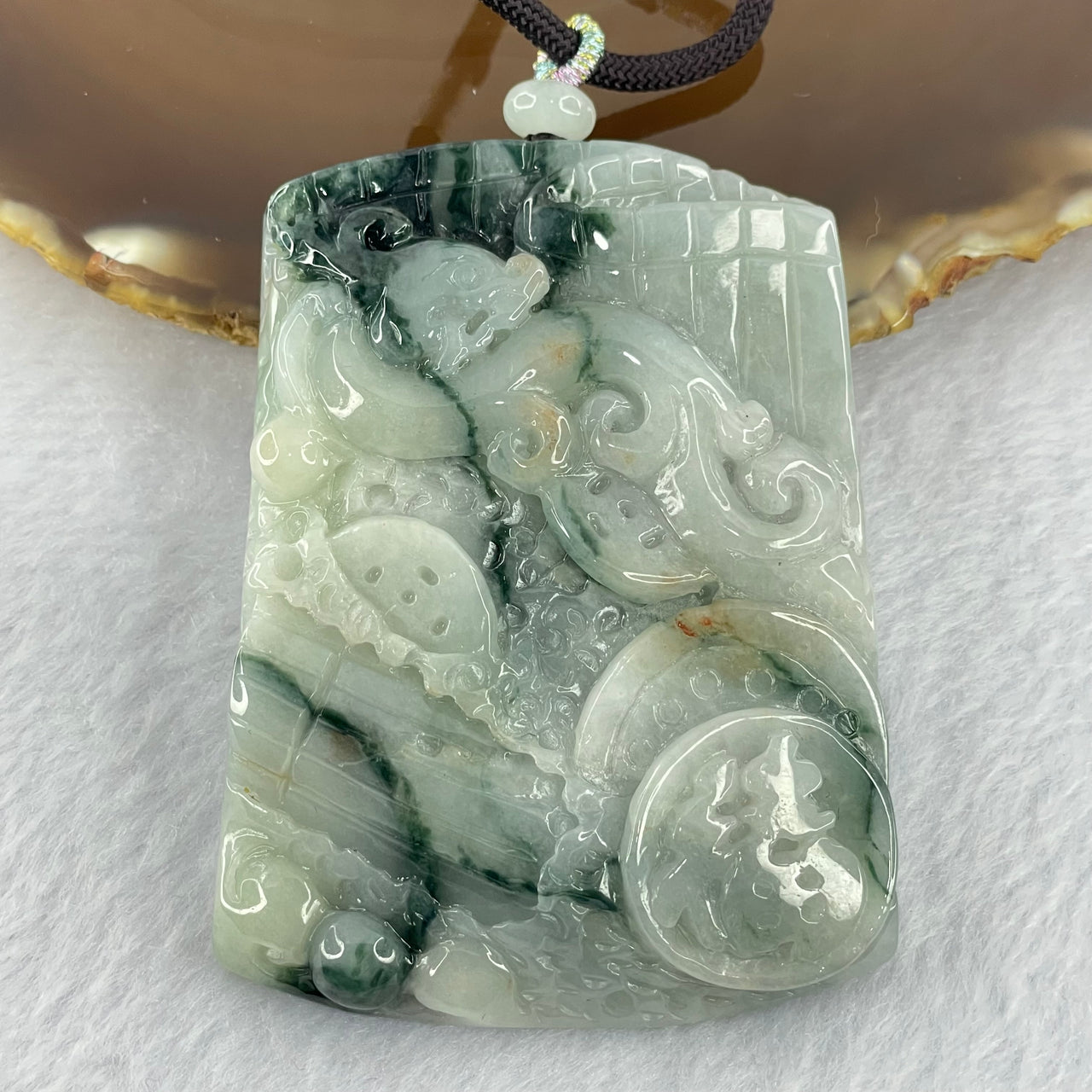 Type A Green Lavender and Moss Green Patches Jadeite Dragon and Treasures Pendant 103.16g 72.3 by 54.6 by 12.8mm