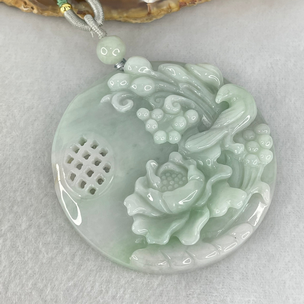 Type A Green Lavender Jadeite Double Sided Flower with Bird Pendant 67.66g 56.9 by 10.8mm